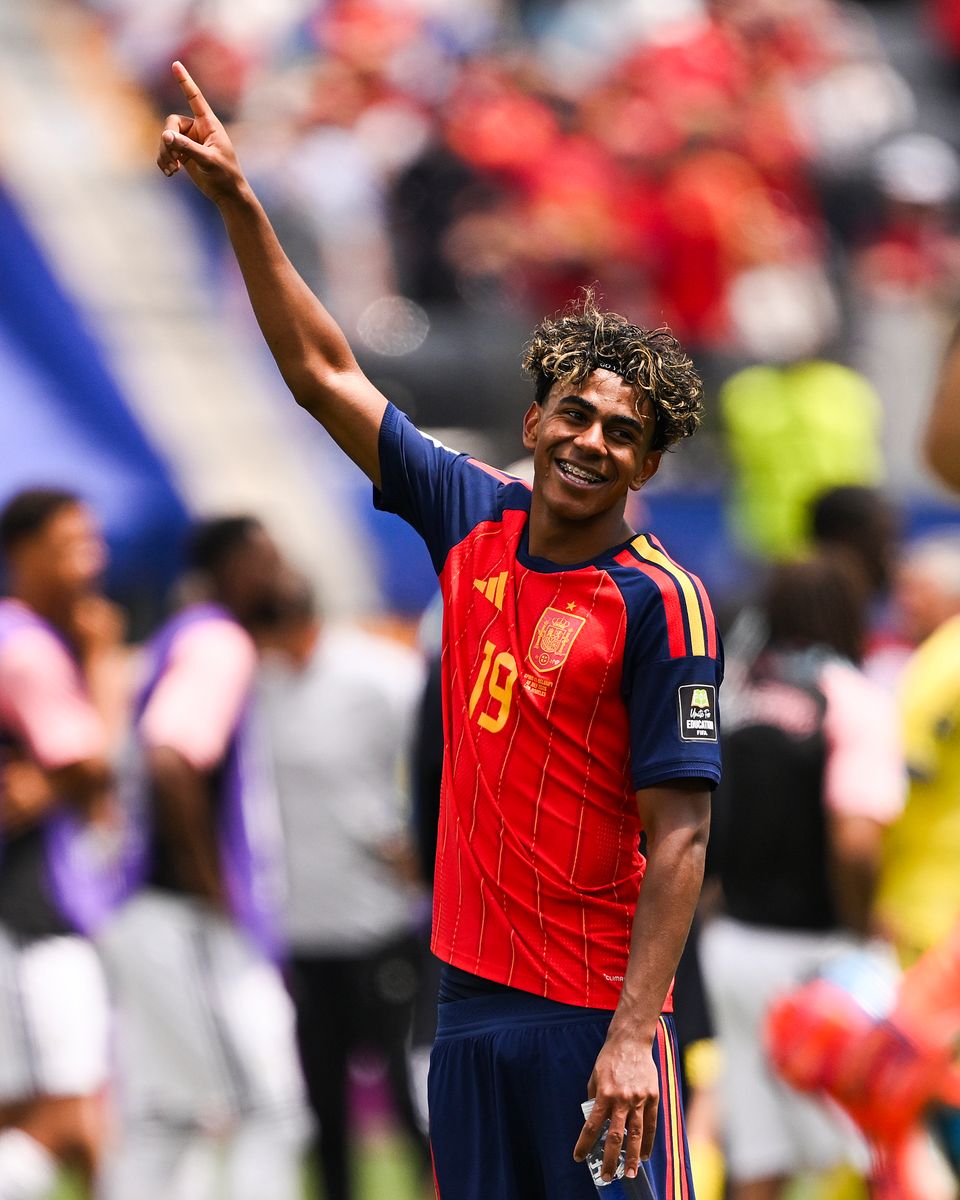 Lamine Yamal #19 of Spain points at the bis scoreboard while his brother Keyne is on the screen after the 2-1 win during the FIFA World Cup 2026 Quarter Final match