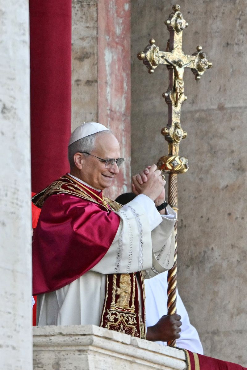 Newly elected Pope Leo XIV, Robert Prevost arrives on the main central loggia balcony of the St Peter's Basilica 