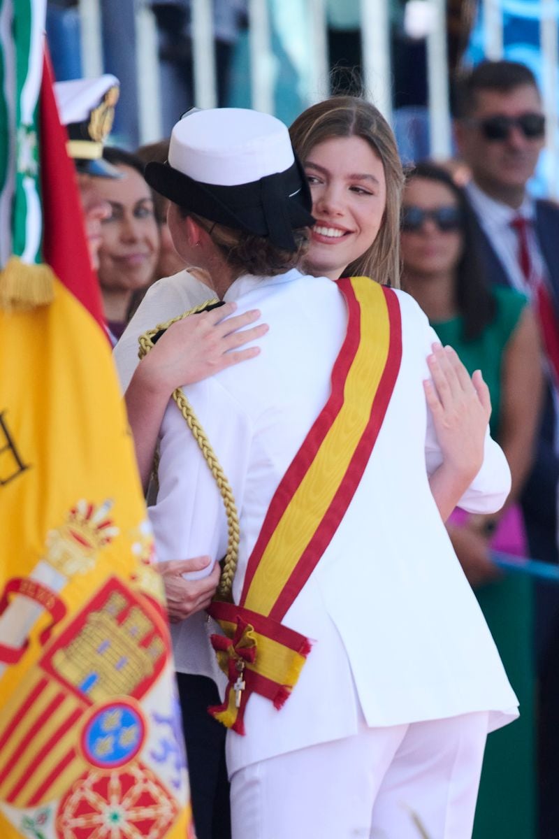 MARIN, PONTEVEDRA, SPAIN - JULY 16: Crown Princess Leonor of Spain (L) and Princess Sofia of Spain (R) attend a presentation of Royal dispatches of employment at Escuela Naval on July 16, 2025 in Marin, Pontevedra, Spain. (Photo by Carlos Alvarez/Getty Images)