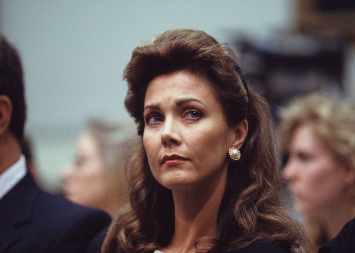 Actress Lynda Carter arrives at the Rayburn House Office building in 1991. (Photo by Jean-Louis Atlan/Sygma via Getty Images)