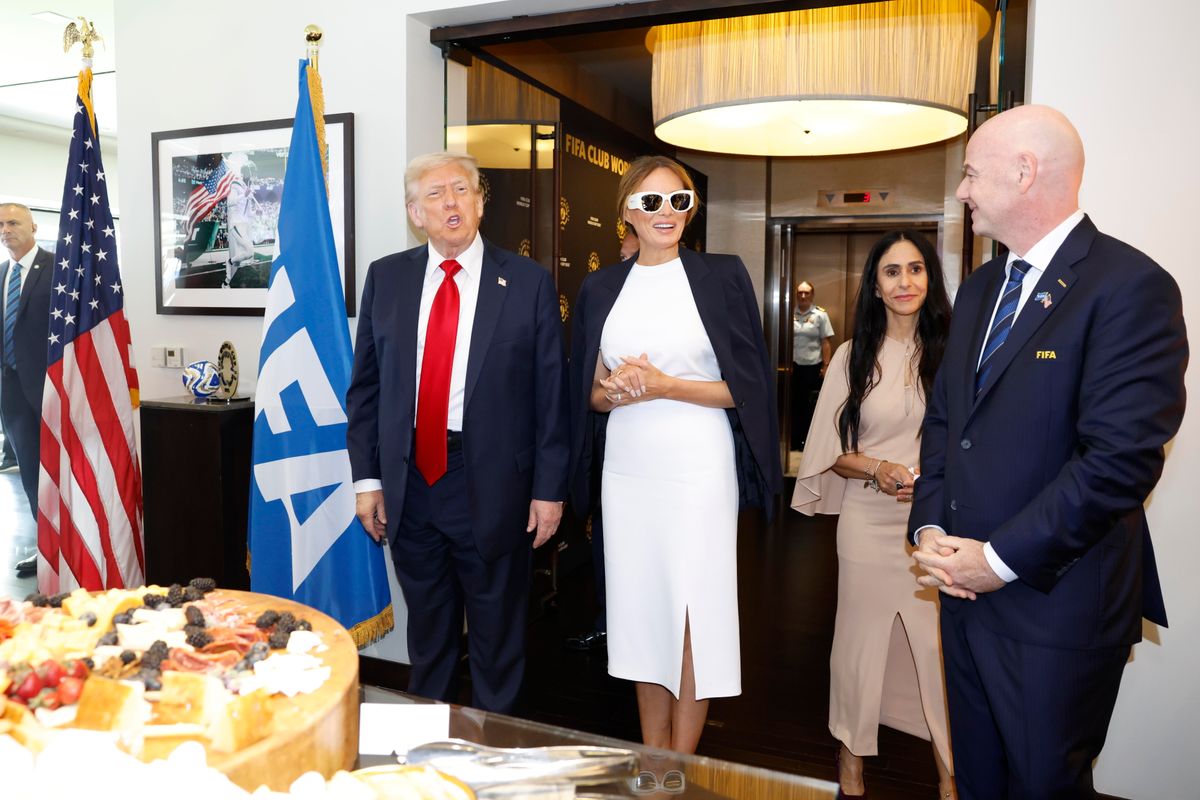  FIFA President Gianni Infantino welcomes President of the United States Donald Trump and First Lady of the United States Melania Trump during the FIFA Club World Cup 2025 