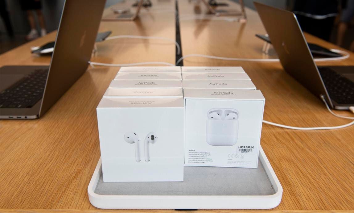 Digital wireless headphones, Airpods, are seen at the