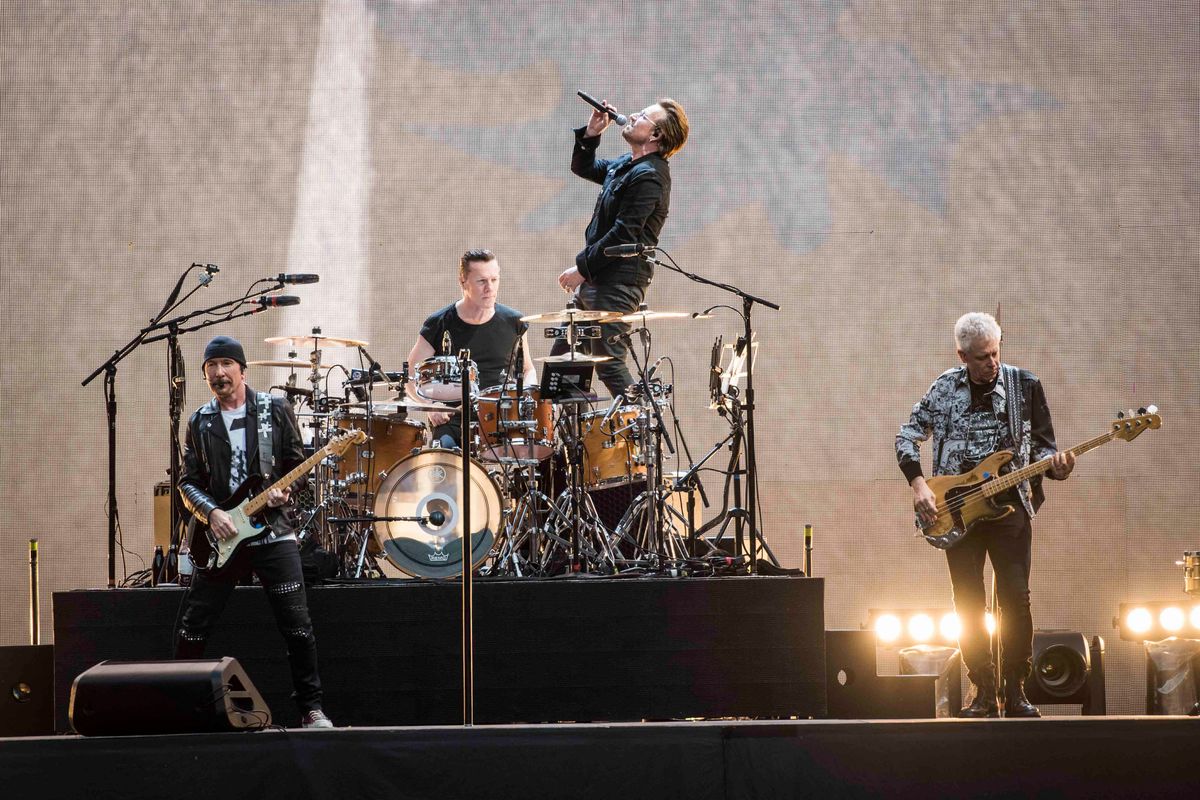 The Edge, Larry Mullen Jr, Bono and Adam Clayton of U2 perform Joshua Tree live on stage at Twickenham Stadium, Twickenham, London. (Photo by David Jensen/PA Images via Getty Images)