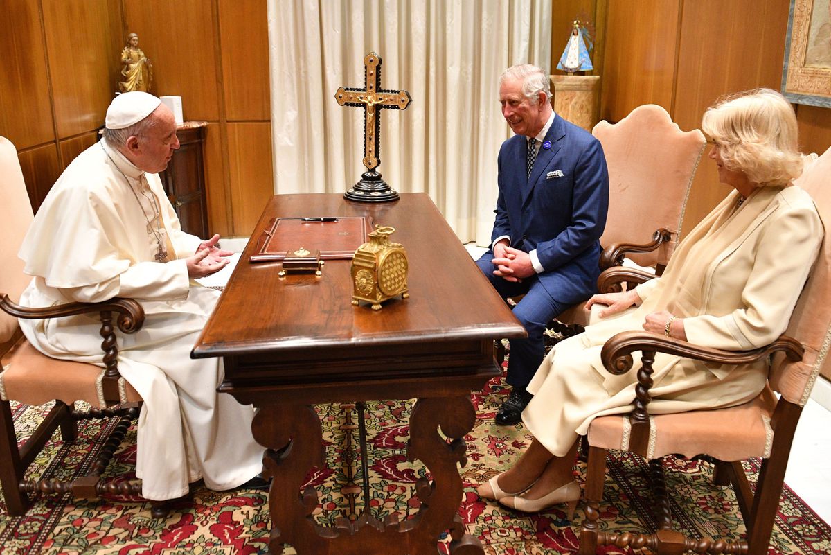 King Charles and Queen Camilla pictured with Pope Francis in 2017 during a visit to Vatican City