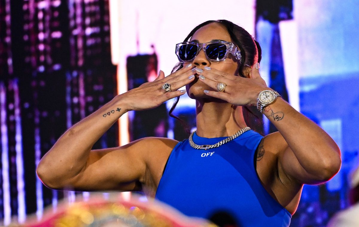 New York , United States - 9 July 2025; Amanda Serrano during a press conference, held at The Theater at Madison Square Garden in New York, USA, ahead of her undisputed super lightweight championship fight with Katie Taylor on July 11th at Madison Square Garden in New York. (Photo By Stephen McCarthy/Sportsfile via Getty Images)