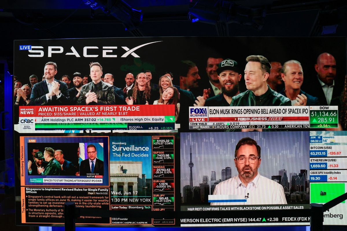 Elon Musk, joining remotely as SpaceX executives and employees ring the opening bell at the Nasdaq MarketSite to celebrate the launch of SpaceX's initial public offering (IPO) in New York on June 12, 2026. 