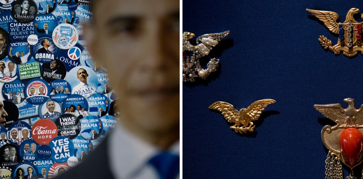 A view of pins and broaches worn by former US Secretary of State Madeleine Albright, the first woman to serve as US Secretary of State, is seen at the Mint Museum September 3, 2012 in Charlotte, North Carolina.  
