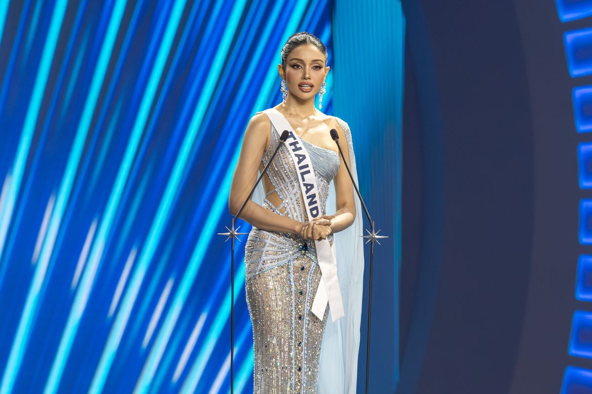 Top 5 delegate Miss Universe Thailand, Praveenar Singh answering judges question round during 74th Miss Universe final competition at Impact Challenger Hall on November 21, 2025 in Bangkok, Thailand. (Photo by Mohan Raj/Getty Images)