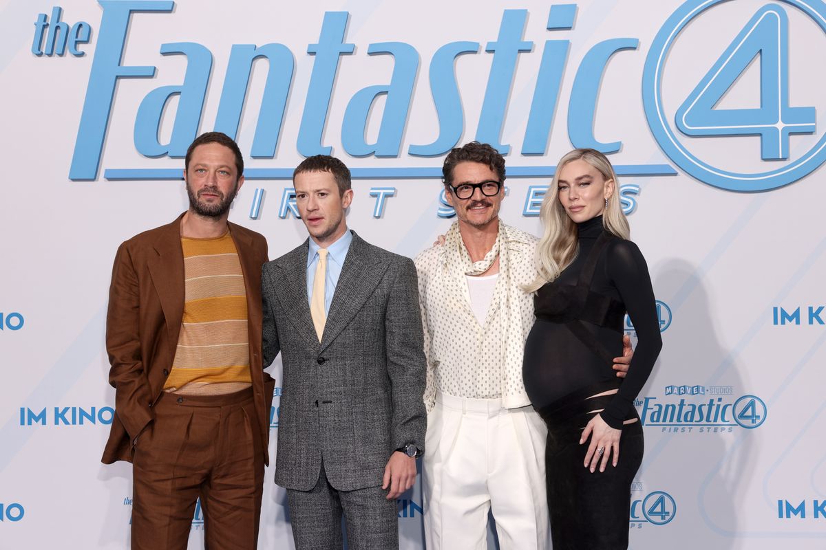 \Ebon Moss-Bachrach, Joseph Quinn, Pedro Pascal and Vanessa Kirby attend the "The Fantastic Four: First Steps" blue carpet fan event at Das Center on July 08, 2025 in Berlin, Germany. 