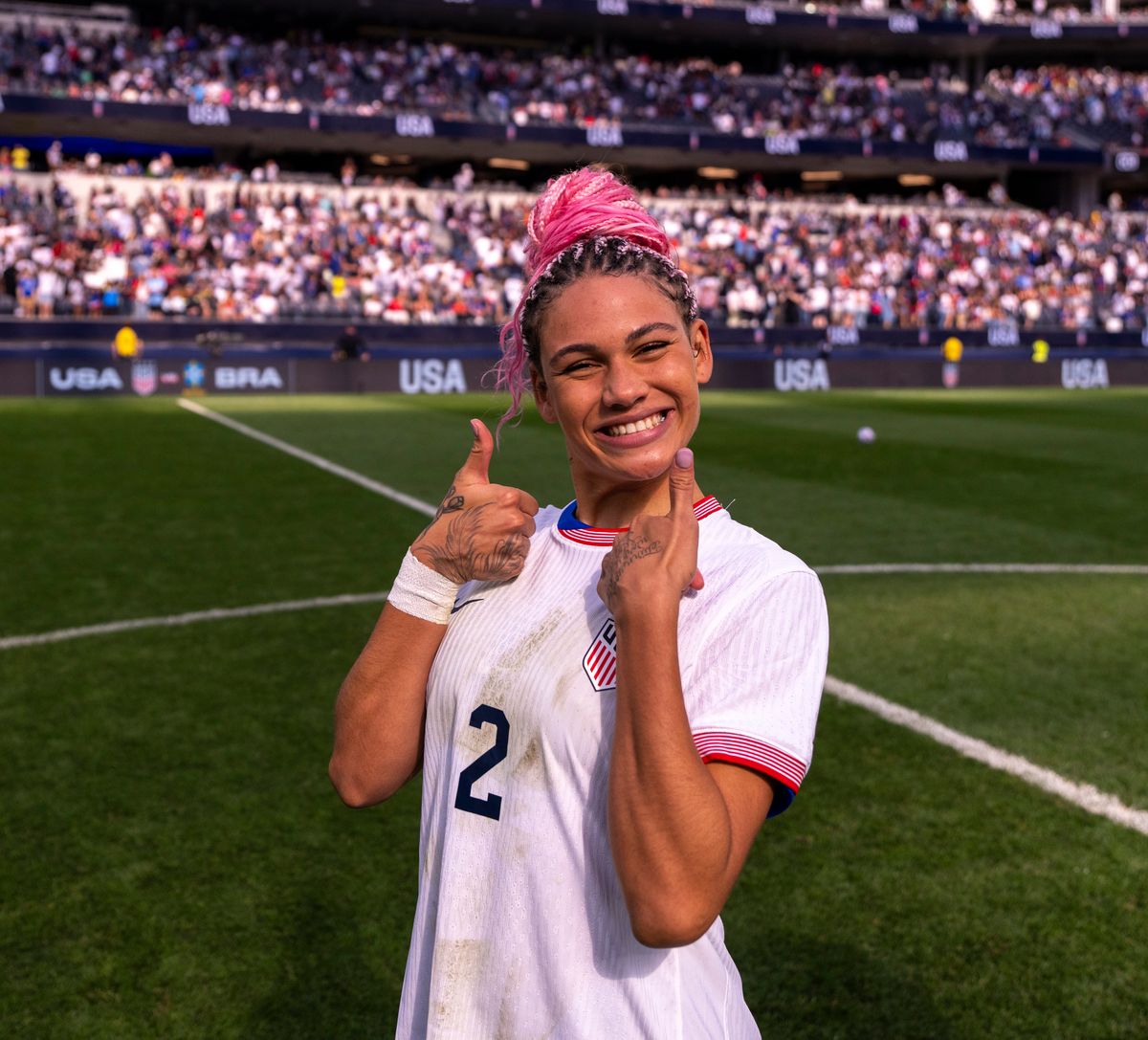  Trinity Rodman #2 of the United States celebrates after a game between Brazil and USWNT at SoFi Stadium on April 5, 2025, in Inglewood, California.