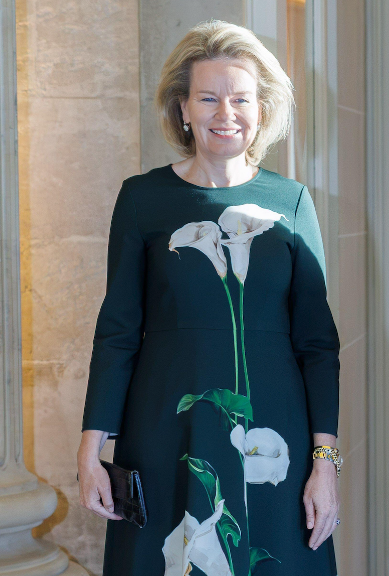 Queen Mathilde of Belgium looked elegant in an emerald-green midi dress featuring oversized white floral details during an official audience at the Castle of Laeken.