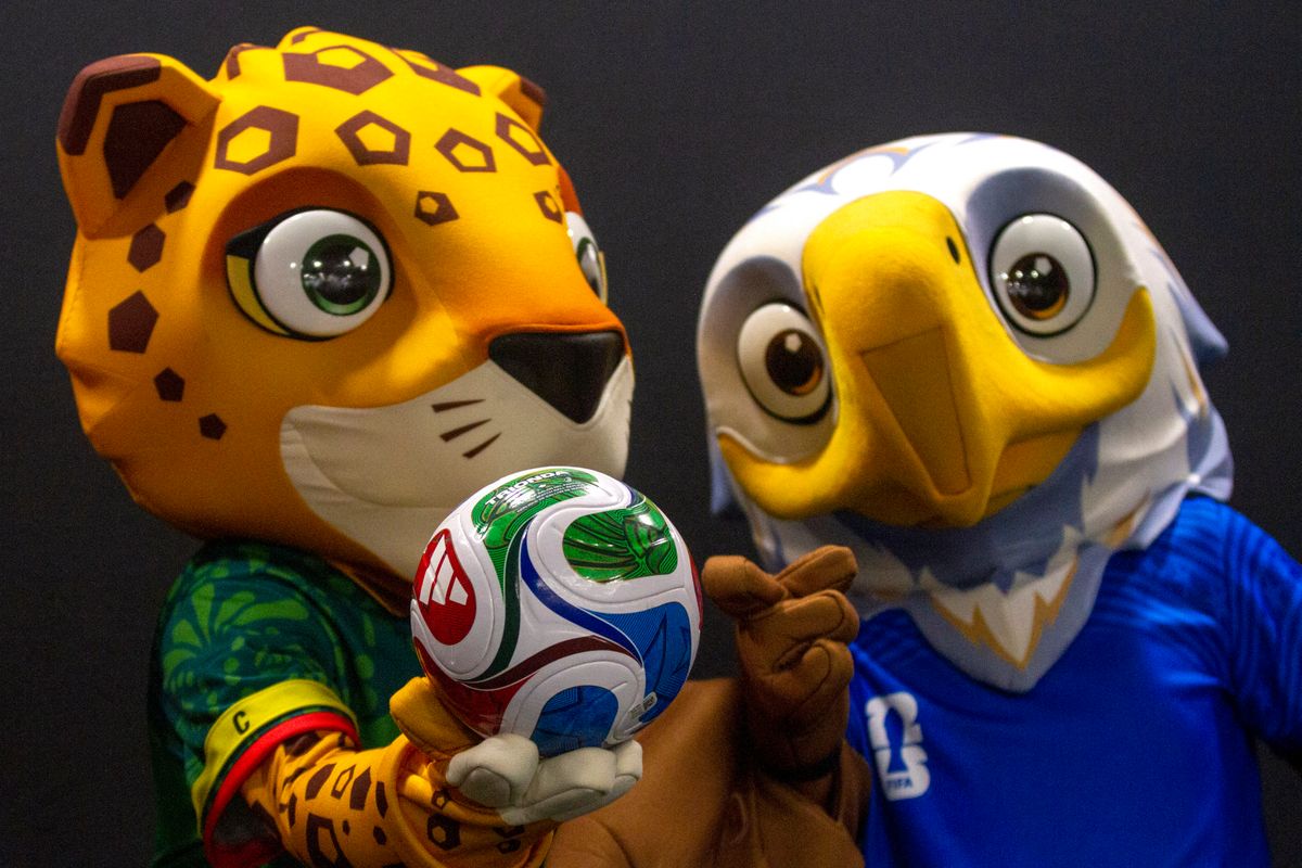 Two of the official mascots of the 2026 World Cup representing the host countries, the Mexican jaguar, Zayu (L), and the American eagle, Clutch