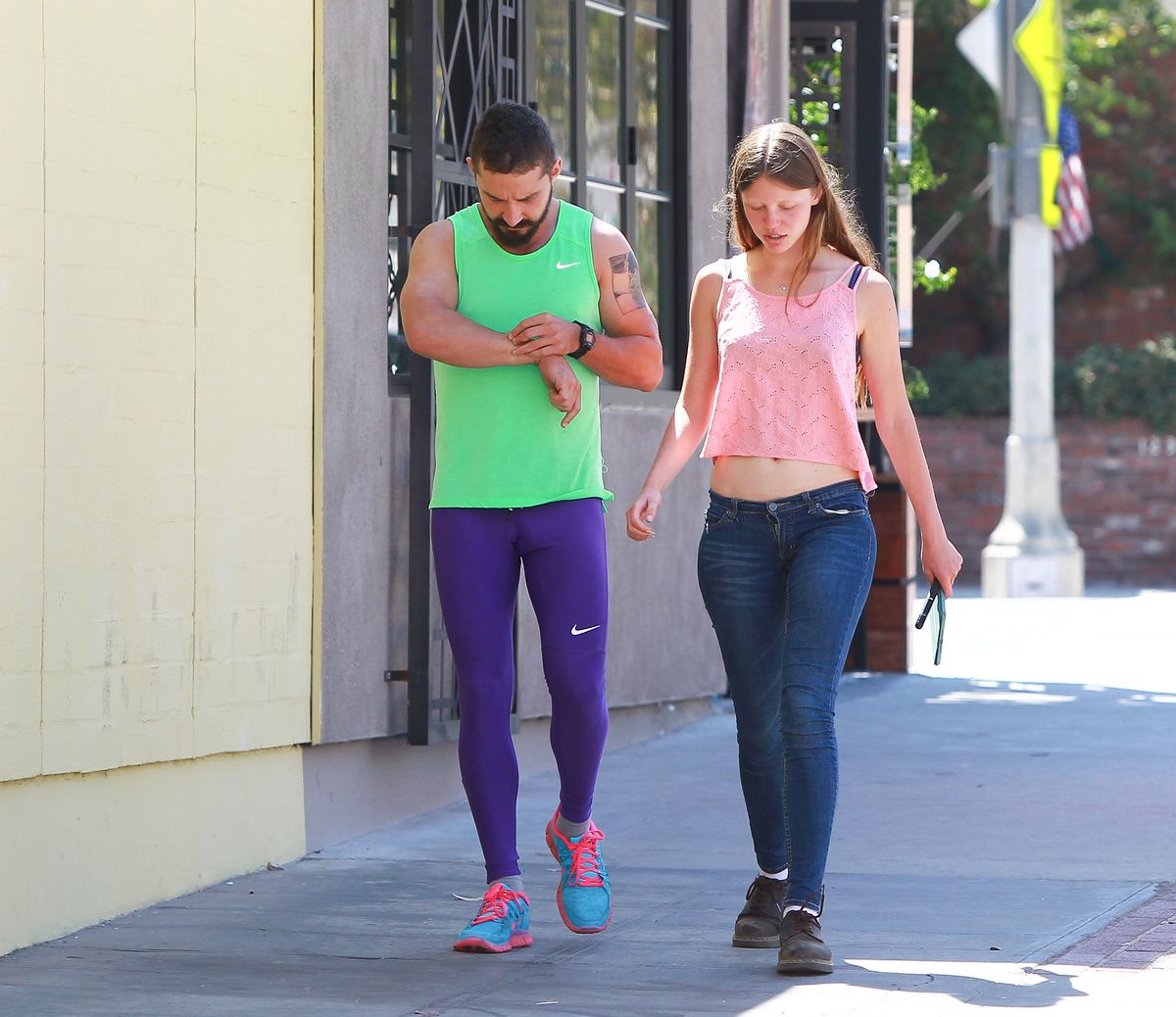 Shia Labeouf and Mia Goth are seen on September 06, 2014 in Los Angeles, California.