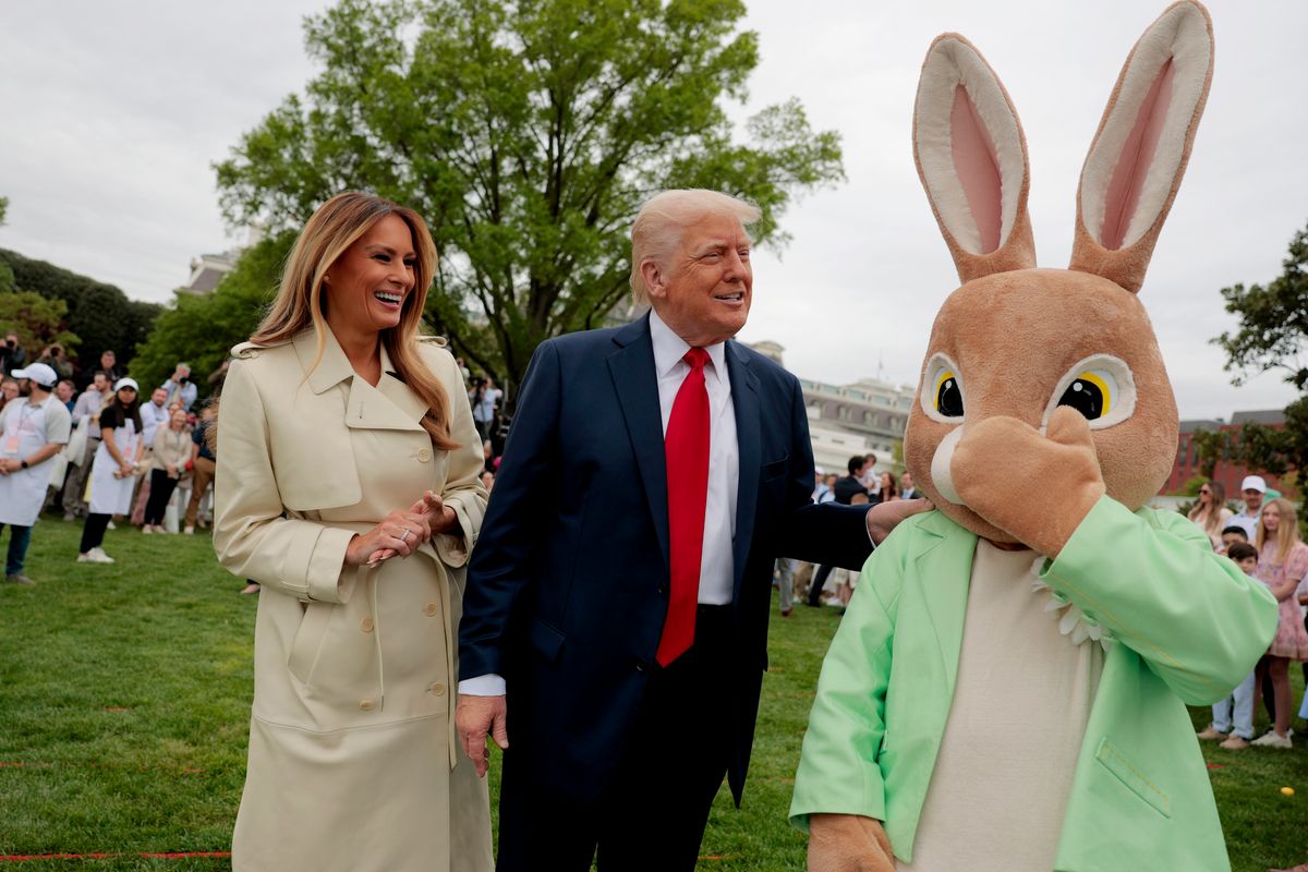 WASHINGTON, DC - APRIL 21: U.S. President Donald Trump, first lady Melania Trump and the Easter Bunny greet guests durning the White House Egg Roll on the South Lawn of the White House on April 21, 2025 in Washington, DC. The White House is expecting thousands of children and adults to participate in the annual tradition of rolling colored eggs down the White House lawn, which was started by President Rutherford B. Hayes in 1878. (Photo by Anna Moneymaker/Getty Images)