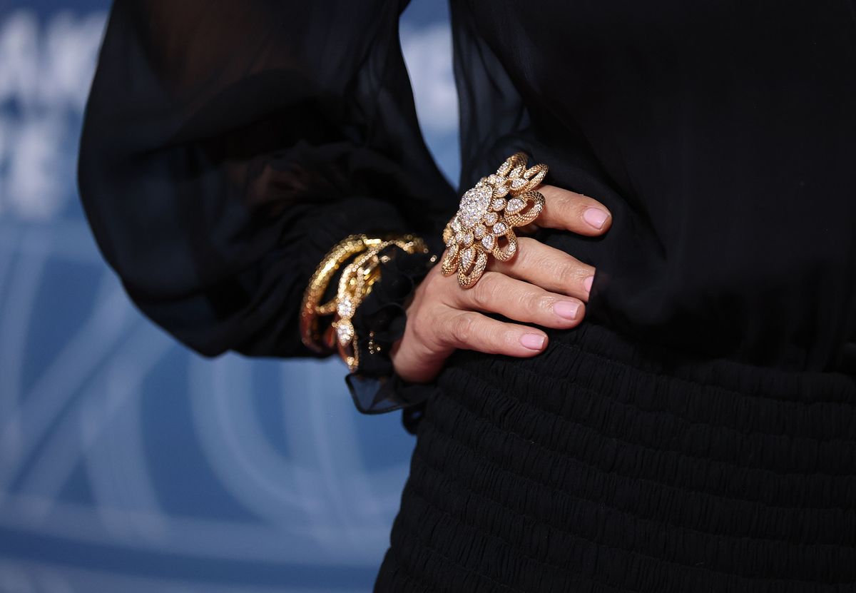 Salma Hayek, jewellery detail, at The 11th Breakthrough Prize Ceremony held at Barker Hanger on April 05, 2025 in Santa Monica, California. (Photo by Christopher Polk/WWD via Getty Images)