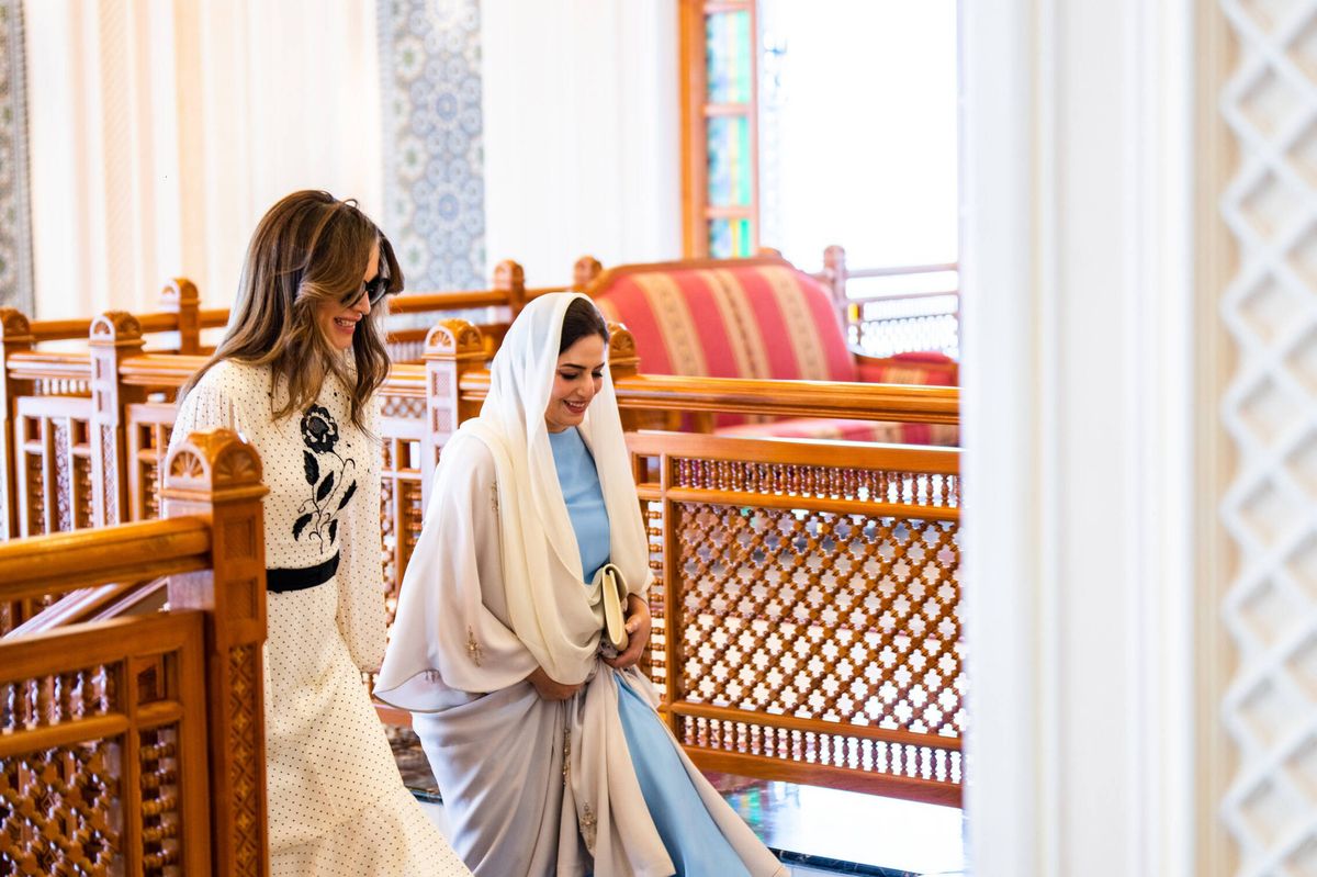 Jordan Queen Rania and meets Sayyida Ahad bint Abdullah bin Hamad Al Busaidiyah in Muscat, Oman in 2022