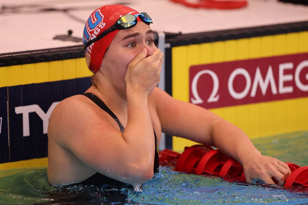 Luana Alonso of Paraguay reacts after winning the Women's 100 Meter Butterfly consolation on Day 2 of the TYR Pro Swim Series Westmont on April 13, 2023 in Westmont, Illinois. (Photo by Michael Reaves/Getty Images)