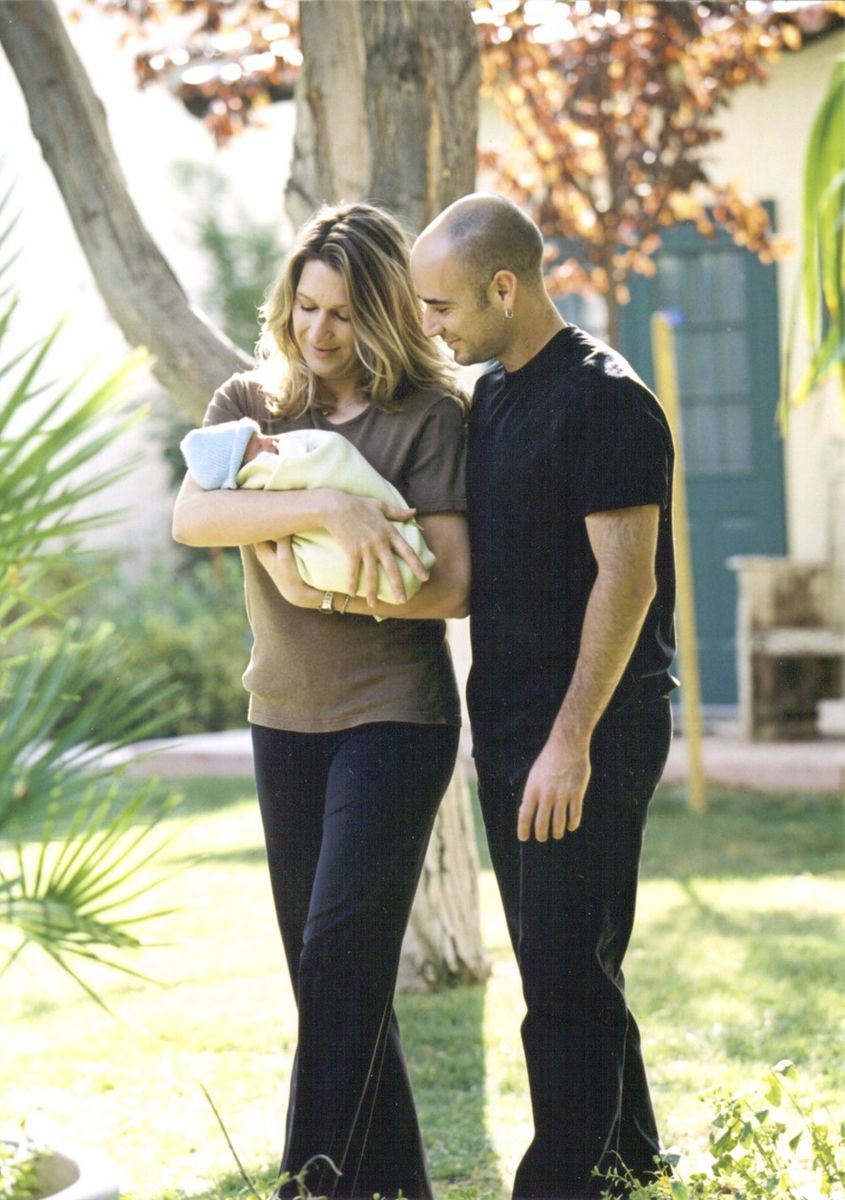 Andre Agassi and Steffi Graf pose with their infant son, Jaden, shortly after welcoming their first child in 2001.