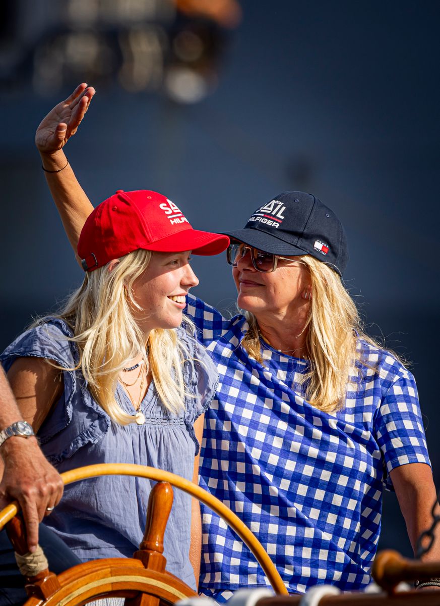 AMSTERDAM, NETHERLANDS - AUGUST 20: King Willem-Alexander of The Netherlands, Princess Mabel of The Netherlands and Countess Luana of The Netherlands sail on the Groene Draeck ship during Sail Amsterdam on August 20, 2025 in Amsterdam, Netherlands. (Photo by Patrick van Katwijk/Getty Images)