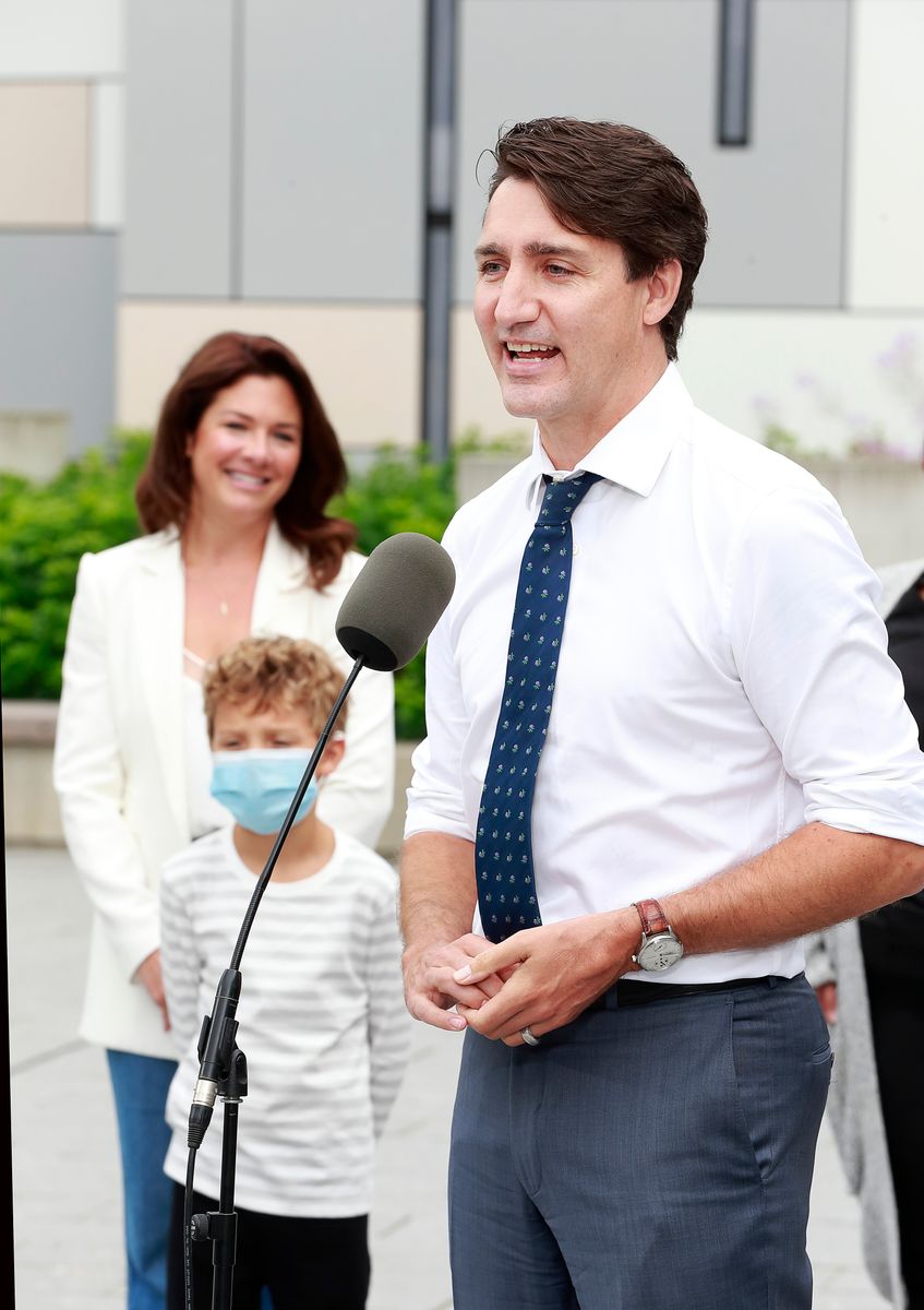 Canadian Prime Minister and Liberal leader Justin Trudeau makes a speech as his wife Sophie and his son Hadrien look on during a campaign stop on September 13, 2021 in Vancouver, Canada.
