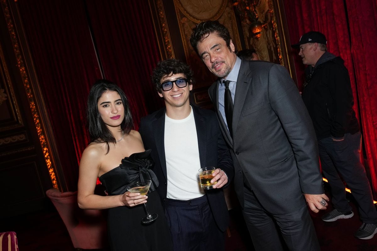 Ana Batlle Cabral , Marcello Hernandez, Benicio del Toro at Focus Features' "The Phoenician Scheme" New York premiere held at Jazz at Lincoln Center on May 28, 2025 in New York, New York. (Photo by John Nacion/Variety via Getty Images)