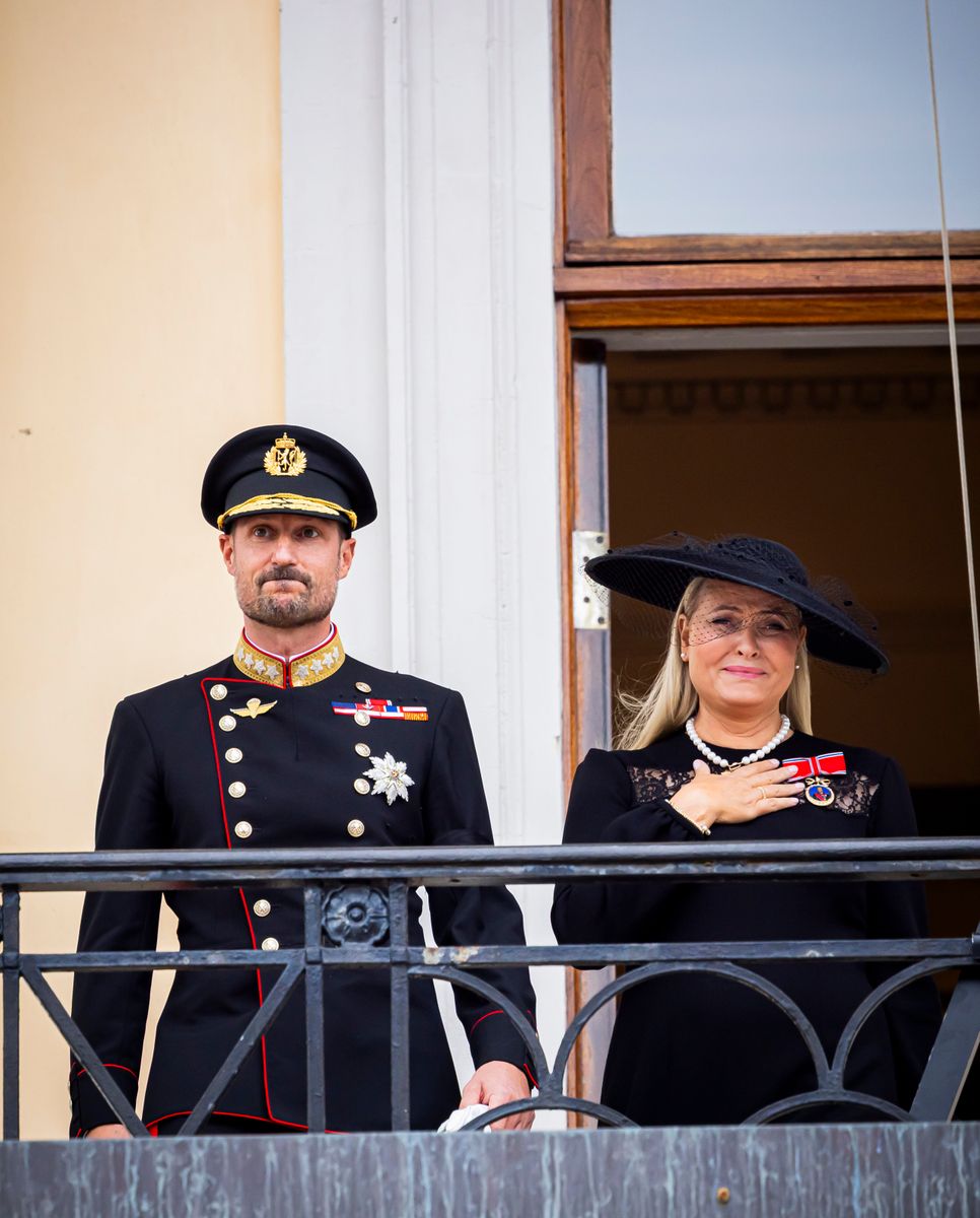 King Haakon of Norway and Queen Mette-Marit of Norway at the Royal Palace on September 9, 2026 in Oslo, Norway. The new King and Queen appeared on the balcony of the palace after the funeral of King Harald