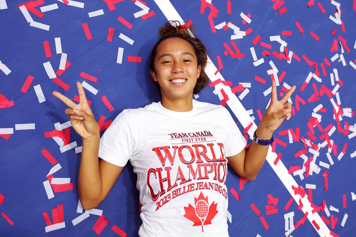 Leylah Fernandez (Team Canada) poses for a photo after winning the Billie Jean King Cup Final match between Canada and Italy at Estadio de La Cartuja on November 12, 2023 in Seville, Spain.