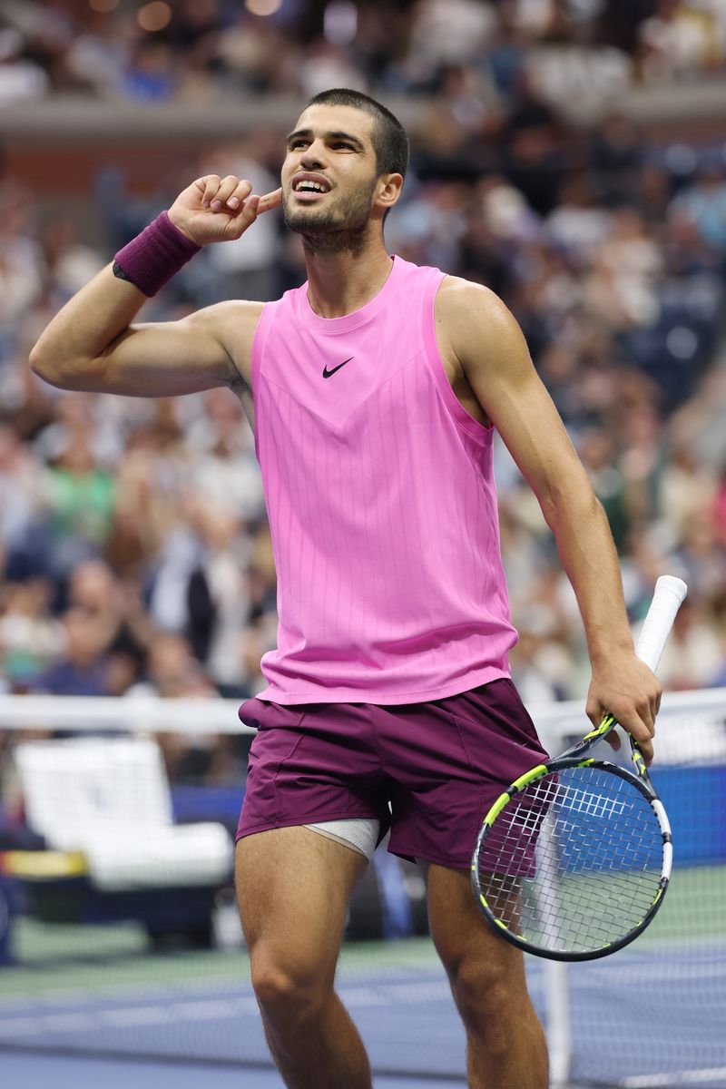 Carlos Alcaraz of Spain reacts against Jannik Sinner of Italy during their Men's Singles Final match on Day Fifteen of the 2025 US Open at USTA Billie Jean King National Tennis Center on September 07, 2025