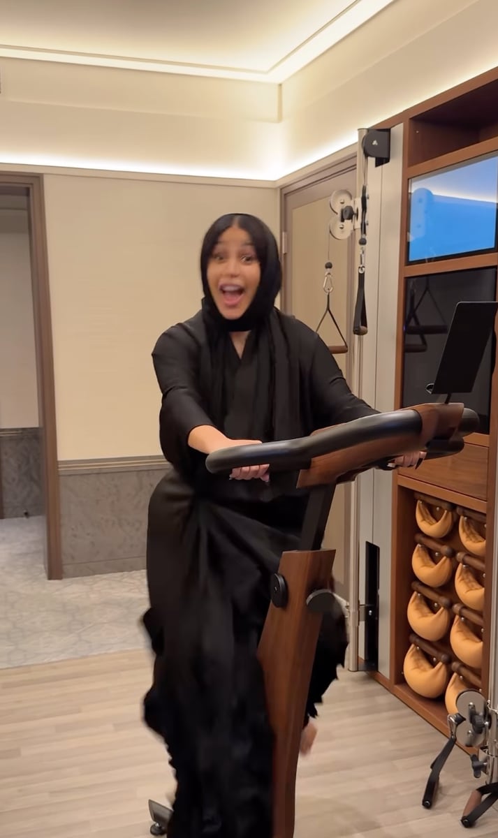 After finishing her walk, the rapper hopped onto a stationary bike, continuing her workout