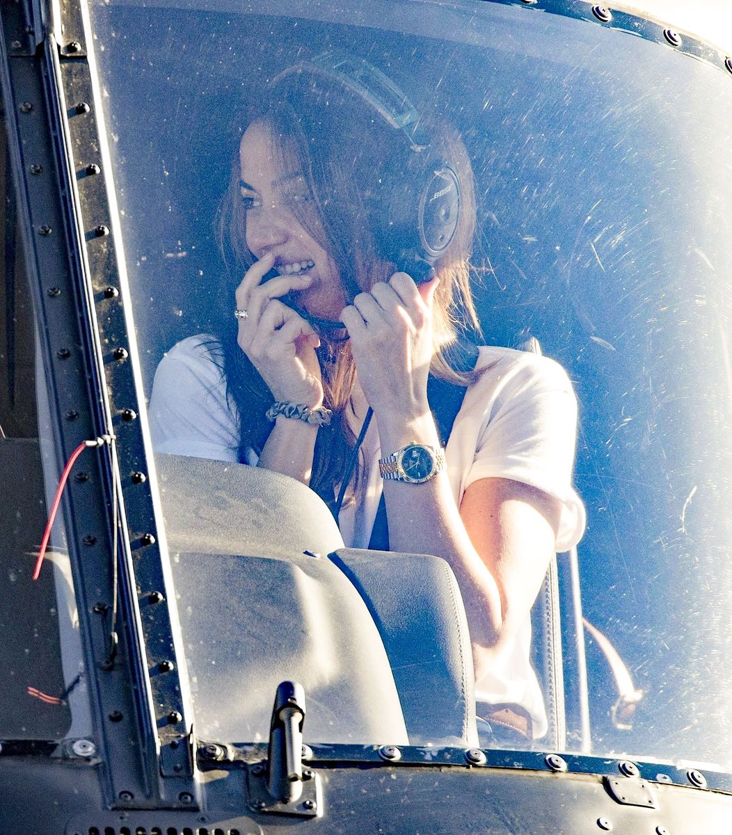 Cuban-Spanish actress Ana de Armas pictured taking to the air in Tom Cruise's helicopter from London Heliport to Heathrow Airpor