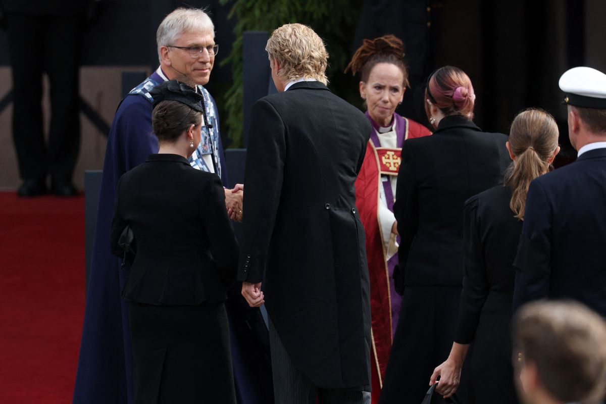 Son of Queen Mette-Marit of Norway Marius Borg Hoiby and other guests are greeted by Preses Olav Fykse Tveit and the Bishop of Oslo Sunniva Gylver in front of the Oslo Cathedral for the arrival of the casket of late King Harald V of Norway in a royal procession in Oslo on September 9, 2026.