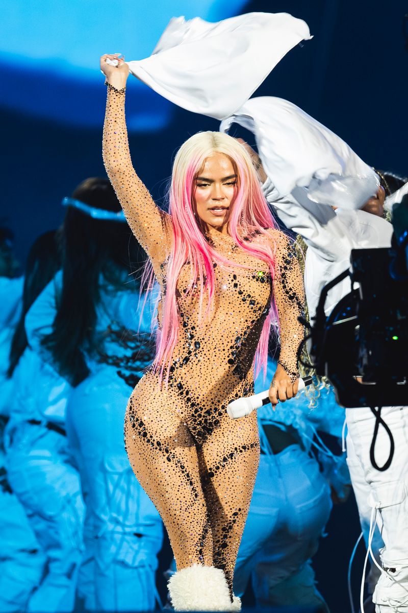Karol G performs on stage at Santiago BernabÃ©u Stadium on July 20, 2024 in Madrid, Spain.