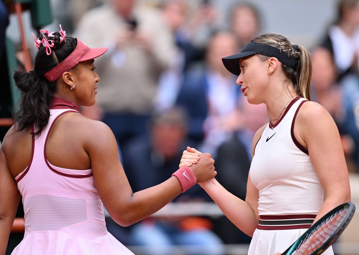 Paula Badosa (R) of Spain plays against Naomi Osaka (L) of Japan during the Women's Singles First Round match on Day Two of the 2025 French Open at Roland Garros Stadium in Paris, France on May 26, 2025. (Photo by Mustafa Yalcin /Anadolu via Getty Images)