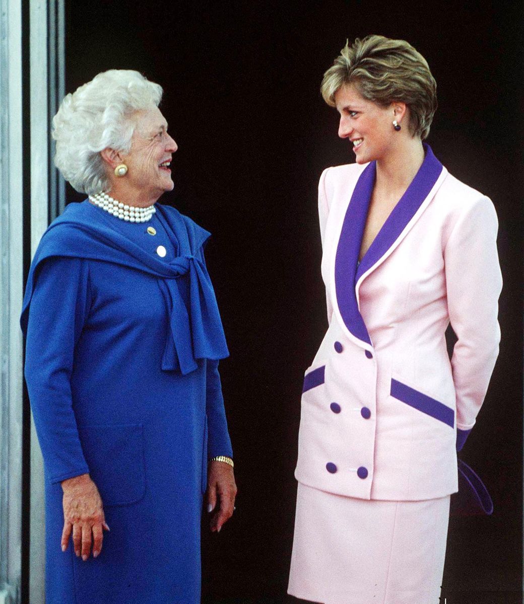 Princess Diana met First Lady Barbara Bush at the White House in October 1990, wearing a Catherine Walker suit and earrings by Kiki McDonough, a jeweler now frequently worn by Kate Middleton.