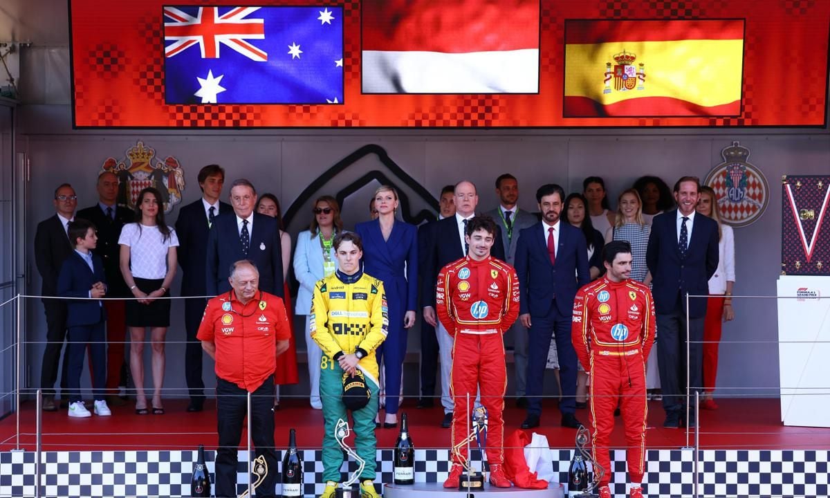 Members of Prince Albert's family gathered on stage following Monégasque driver Charles Leclerc's win