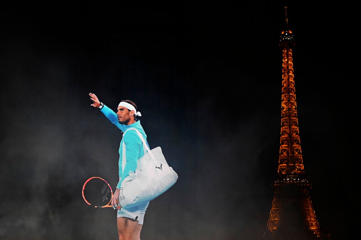 A projection showing Spanish tennis player Rafael Nadal with the Eiffel Tower in the background can be seen at Trocadéro as a tribute for his retirement on November 19, 2024, in Paris, France. 