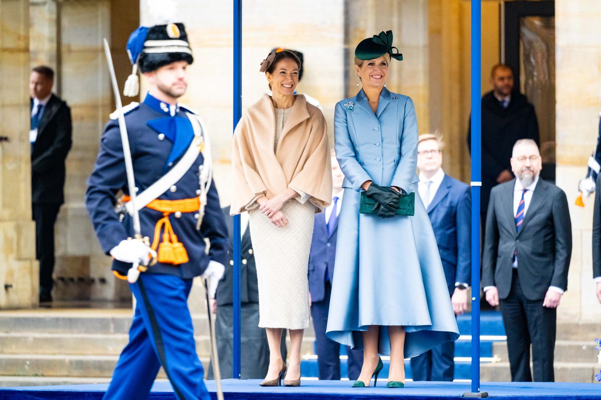Queen Maxima, Suzanne Innes-Stubb at the Welcome Ceremony on Dam Square in Amsterdam during the state visit of Finland to the Netherlands.