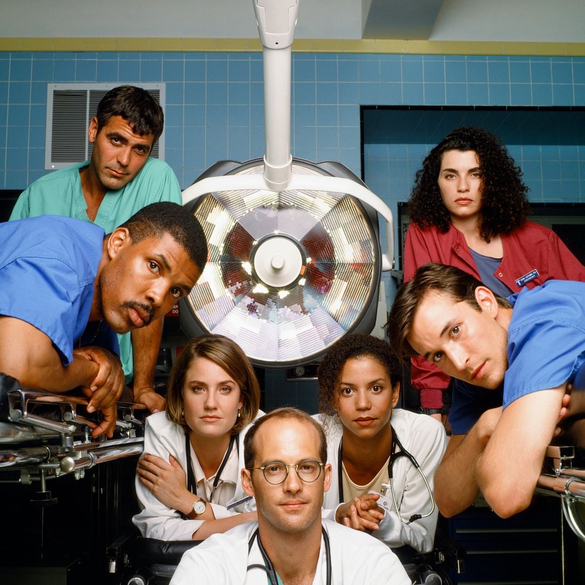 The cast of the second season of "ER," made up of George Clooney, Eriq La Salle, Sherry Stringfield, Anthony Edwards, Gloria Reuben, Noah Wyle, and Julianna Margulies