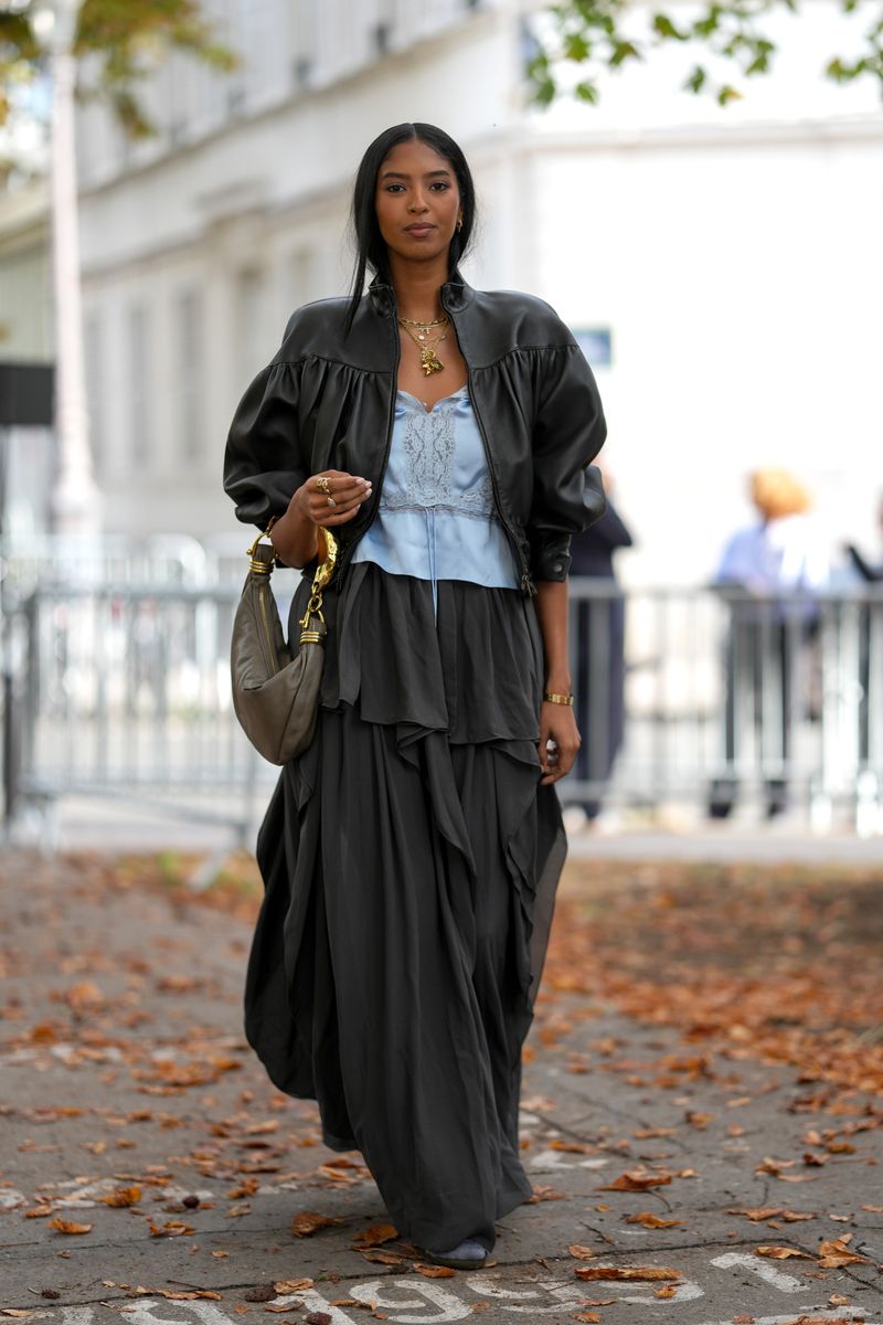 The bottom half kept the outfit from becoming a straightforward leather-jacket-and-camisole combination.