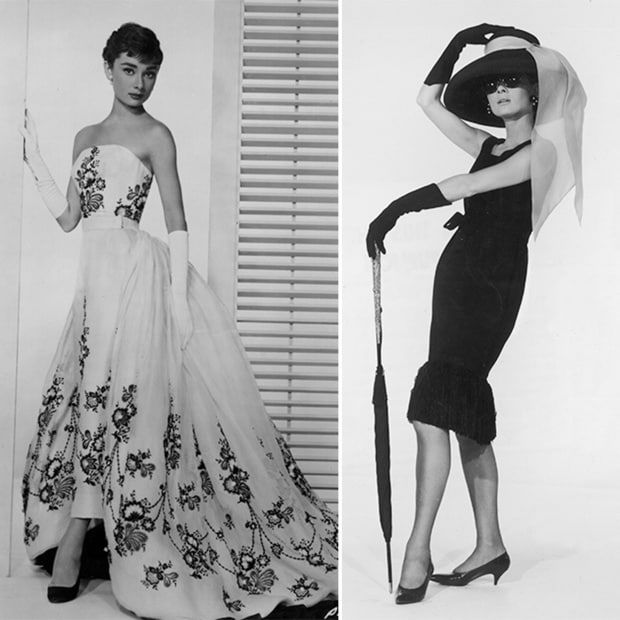 Audrey's on- and off-screen teaming with designer Hubert de Givenchy lasted throughout her career. Here, she's seen in his creations in two of her most iconic films, <I>Sabrina</I>, left, and <I>Breakfast at Tiffany's</I>.
Photos: Getty Images, WENN