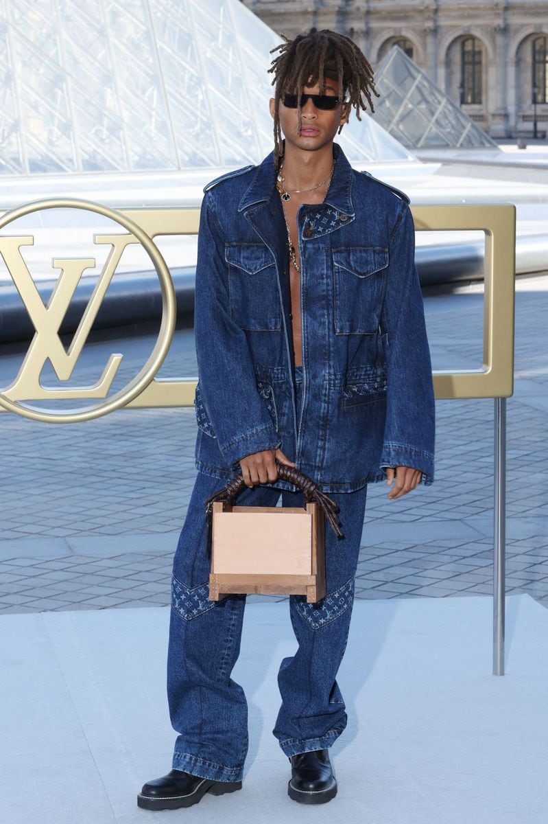  The actor and musician wore a full denim Louis Vuitton ensemble featuring intricate patterns.