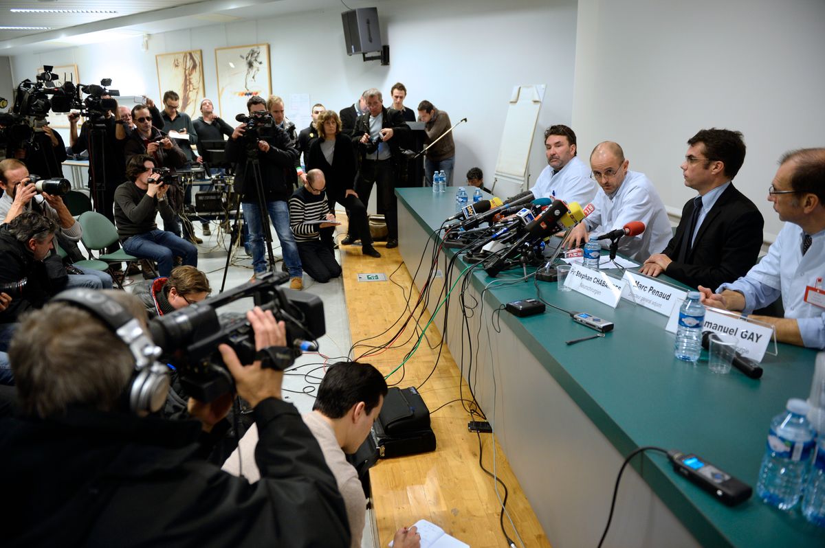 Neurosurgeons of the Centre Hospitalier Universitaire hospital of Grenoble gave a press conference on December 30, 2013, as Michael Schumacher was still in "critical condition" after suffering severe brain trauma
