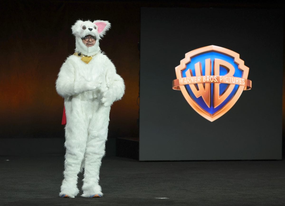  Warner Bros. Pictures President, Domestic Distribution, Jeff Goldstein, dressed as Superman's dog Krypto, walks onstage at the Warner Bros. 