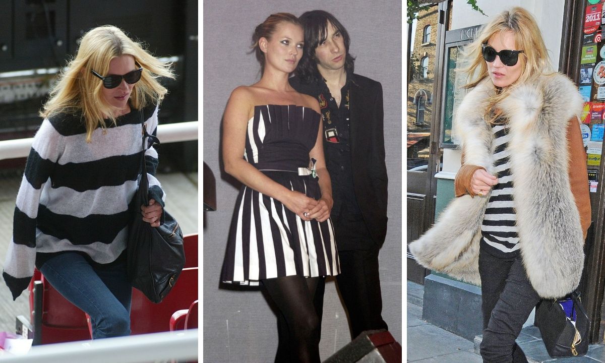 Kate Moss wears 90s trending black and white stripped print