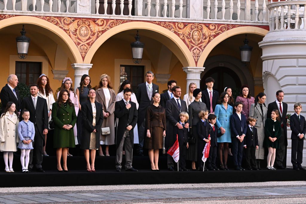 Kaia-Rose Wittstock, Bodhi Wittstock, Gareth Wittstock, Camille Gottlieb, Pauline Ducruet, Louis Ducruet, Princess Alexandra of Hanover, Pierre Casiraghi, Francesco Casiraghi, Beatrice Borromeo, Stefano Casiraghi, Balthazar Rassam, Charlotte Casiraghi, Raphael Elmaleh, Maximilian Casiraghi, Tatiana Santo Domingo, India Casiraghi, Andrea Casiraghi, and Sacha Casiraghi attend the Monaco National Day celebrations in the courtyard of the Monaco Palace on November 19, 2024 in Monaco, Monaco. 