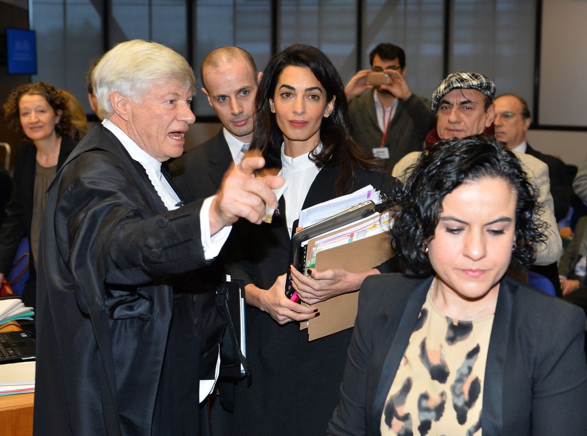 Amal Clooney arrives for the hearing in the case Perincek vs Switzerland, at the European Court of Human Rights in Strasbourg, France on January 28, 2015. 