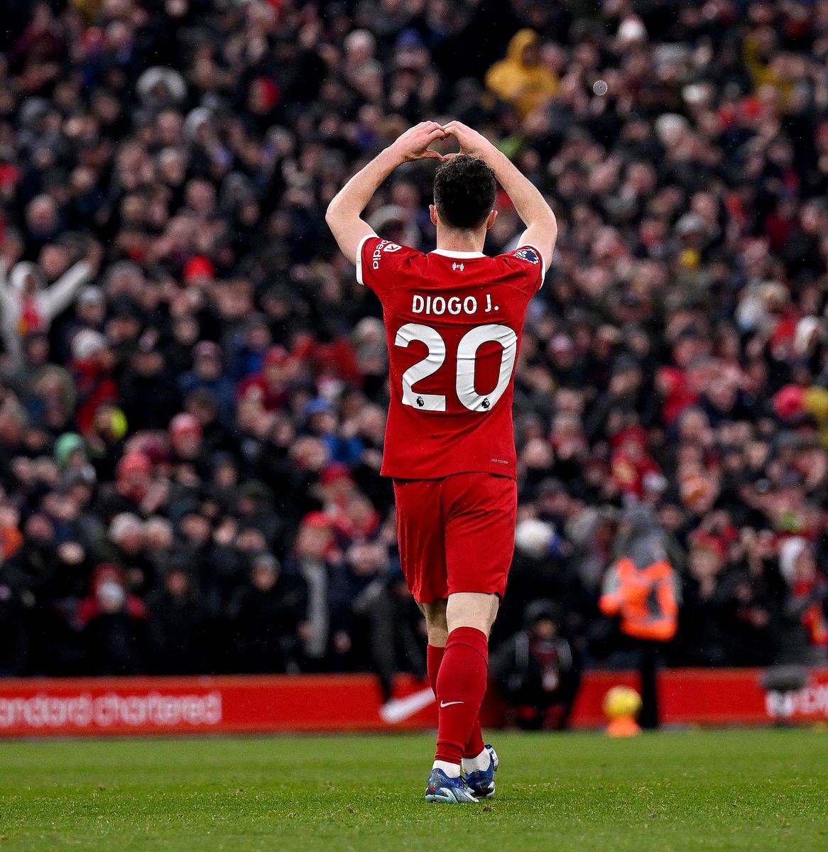 Diogo Jota of Liverpool celebrates after scoring the third goal making the score 3-0 during the Premier League match between Liverpool FC and Brentford FC at Anfield on November 12, 2023 in Liverpool, England. (Photo by Andrew Powell/Liverpool FC via Getty Images)