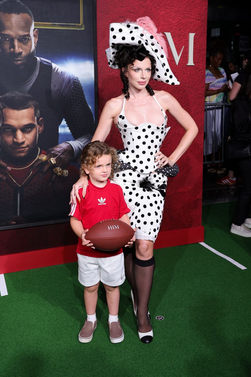 Julia Fox (R) and son Valentino attend the premiere of Universal Pictures' "Him" at TCL Chinese Theatre on September 17, 2025 in Hollywood