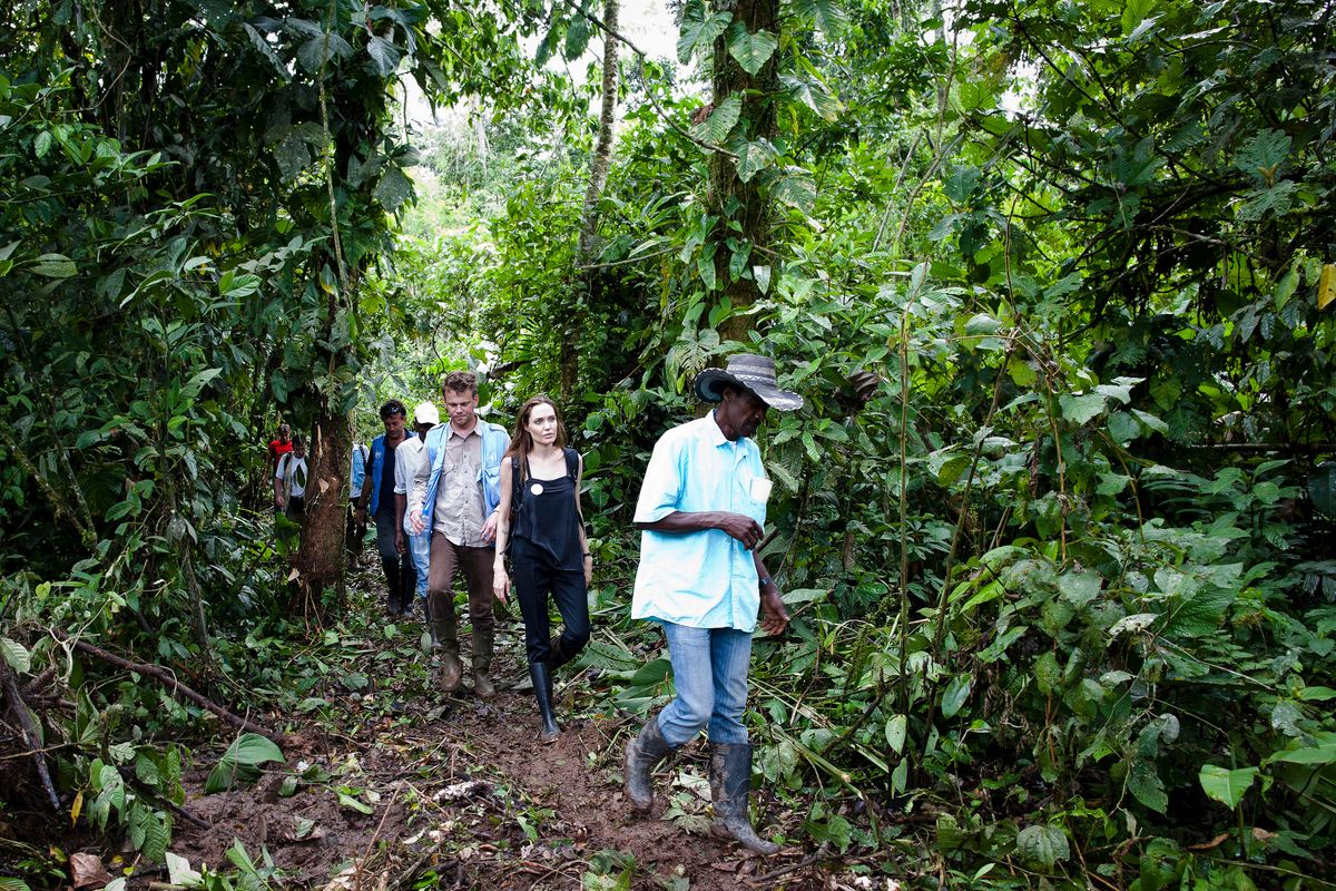 Angelina walks through the jungle led by Plinio, the President of the Providencia community, on April 22, 2012, in Ecuador.