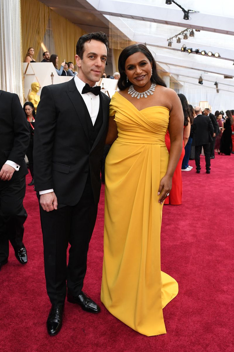 US actress Mindy Kaling (R) and US actor BJ Novak arrive for the 92nd Oscars at the Dolby Theatre in Hollywood, California on February 9, 2020. (Photo by VALERIE MACON / AFP) (Ph oto by VALERIE MACON/AFP via Getty Images)